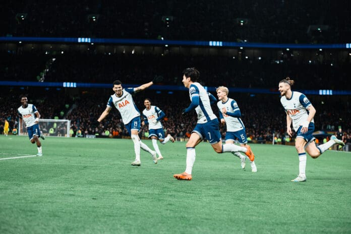 Son Heung-Min of Tottenham Hotspur scores the sides fourth goal to make it 4-2